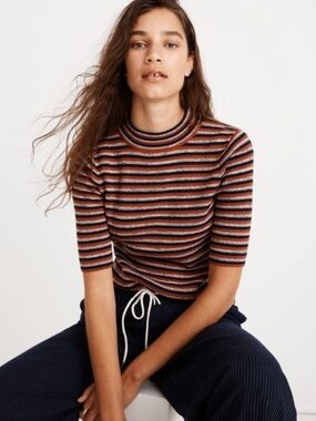 Madewell Striped‎ Mock Neck Short Sleeve Sweater Top M